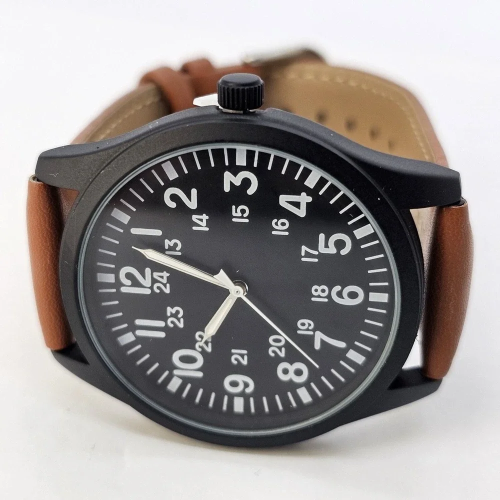 Field Men's Watch 42MM Easy Read Black Dial Black Case Brown Leather Band Straps